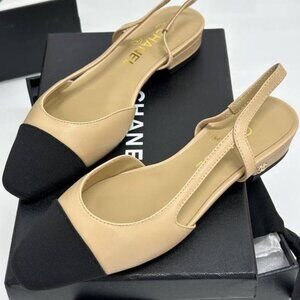 Chanel Slingbacks Goatskin Grosgrain & Beige Black